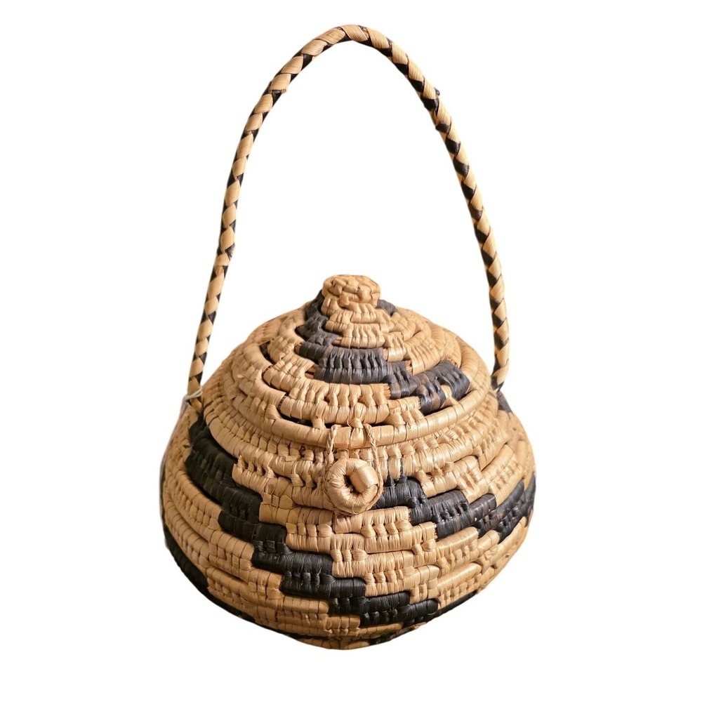 Sweetgrass Basket Tan Black Woven Straw Globe Lid Small